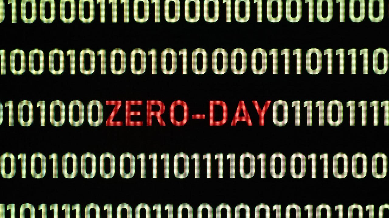 The phrase “zero-day” in red within a line of white code